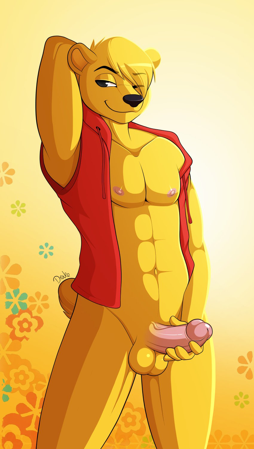 2018 abs absurd_res anthro balls bear bottomless clothed clothing disney drako1997 erection fur furry hand_behind_head hi_res humanoid_penis male male_only mammal nipples one_eye_closed penis pooh_bear solo straight_hair testicles winnie_the_pooh_(franchise)