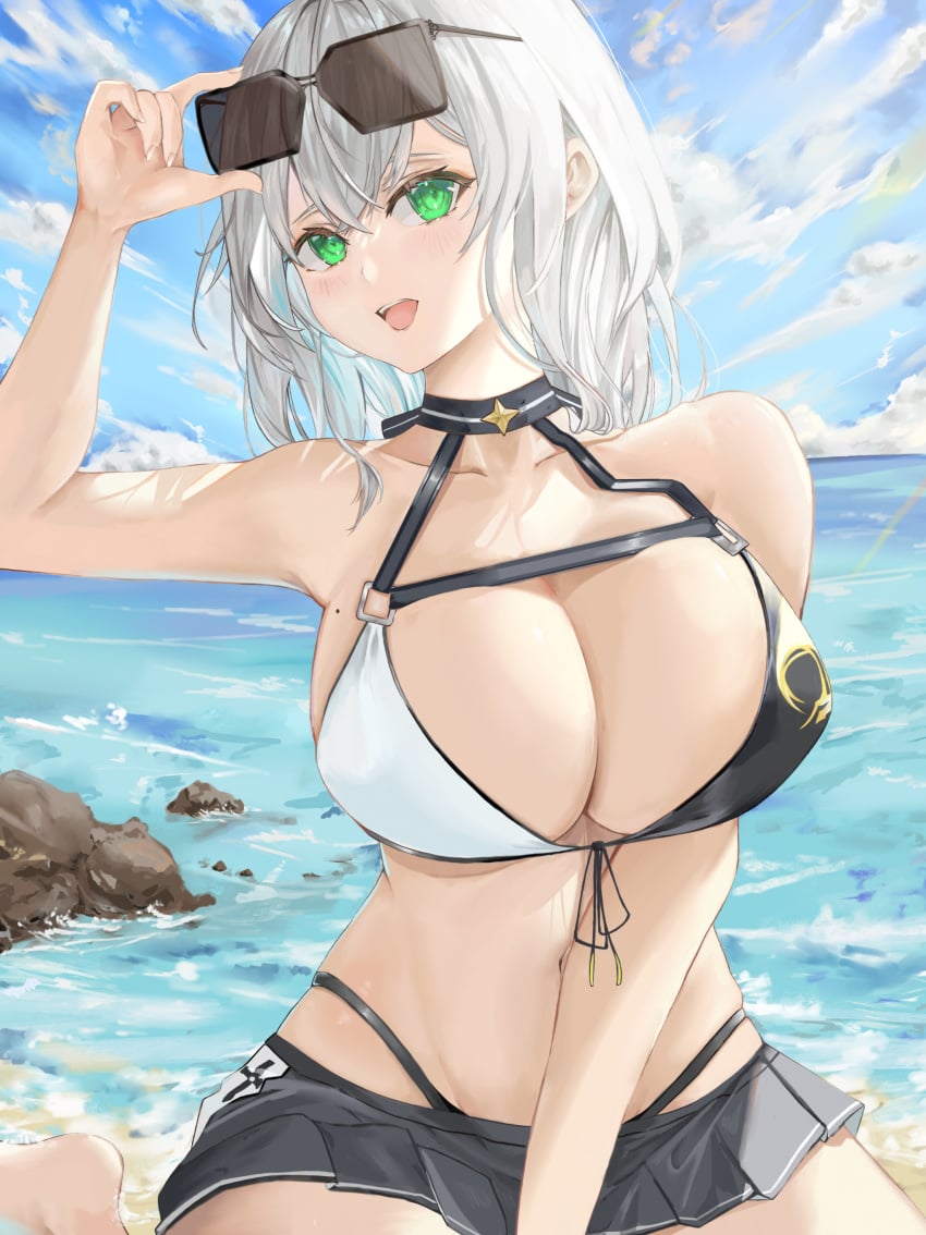 1girls 2022 :d absurdres bare_shoulders bikini black_bikini black_ribbon black_skirt blue_sky breasts cleavage cloud collarbone day eyewear_on_head female female_focus female_only front-tie_bikini front-tie_top green_eyes hand_on_eyewear highres hololive hololive_fantasy hololive_japan japanese_clothes kimono large_breasts miniskirt mole mole_on_breast ocean open_mouth outdoors pleated_skirt ribbon shirogane_noel sitting skirt sky smile solo solo_female ssum-qin sunglasses swimsuit two-tone_bikini virtual_youtuber water white_bikini white_hair