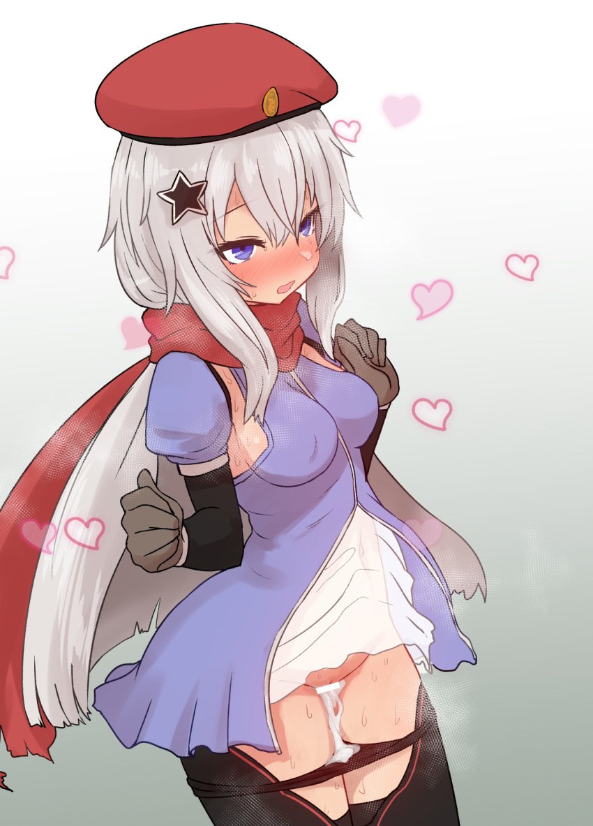 9a-91_(girls_frontline) after_sex after_vaginal beret black_legwear blush breasts breath brown_gloves cowboy_shot cum cumdrip dress eyebrows_visible_through_hair female girls'_frontline gloves gradient gradient_background grey_background grey_hair hair_between_eyes hair_ornament hat heart highres long_hair medium_breasts navel nose_blush open_mouth panties panty_pull puffy_short_sleeves puffy_sleeves purple_dress purple_eyes red_hat red_scarf scarf short_sleeves solo star star_hair_ornament sumiyao_(amam) sweat thighhighs underwear very_long_hair