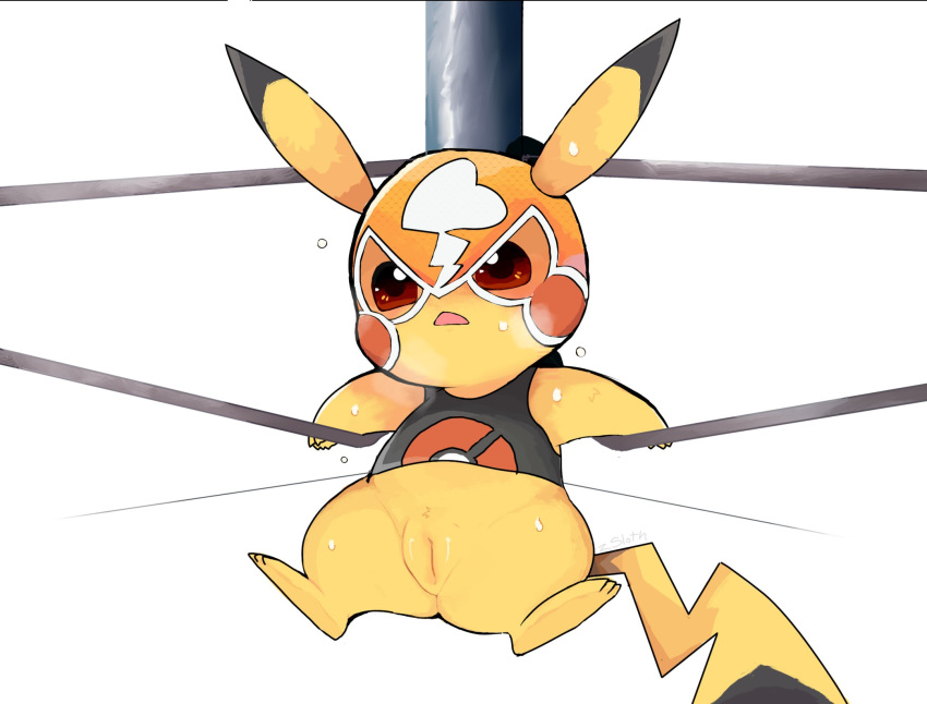 1girls blush bottomless clothed clothing cosplay_pikachu feet female female_only flat_chest furry heavy_breathing hi_res mammal mask nintendo pikachu pikachu_libre pokémon_(species) pokemon pokemon_oras pokemon_rgby pokken_tournament pussy rodent sweat text thick_thighs video_games watermark wide_hips zsloth