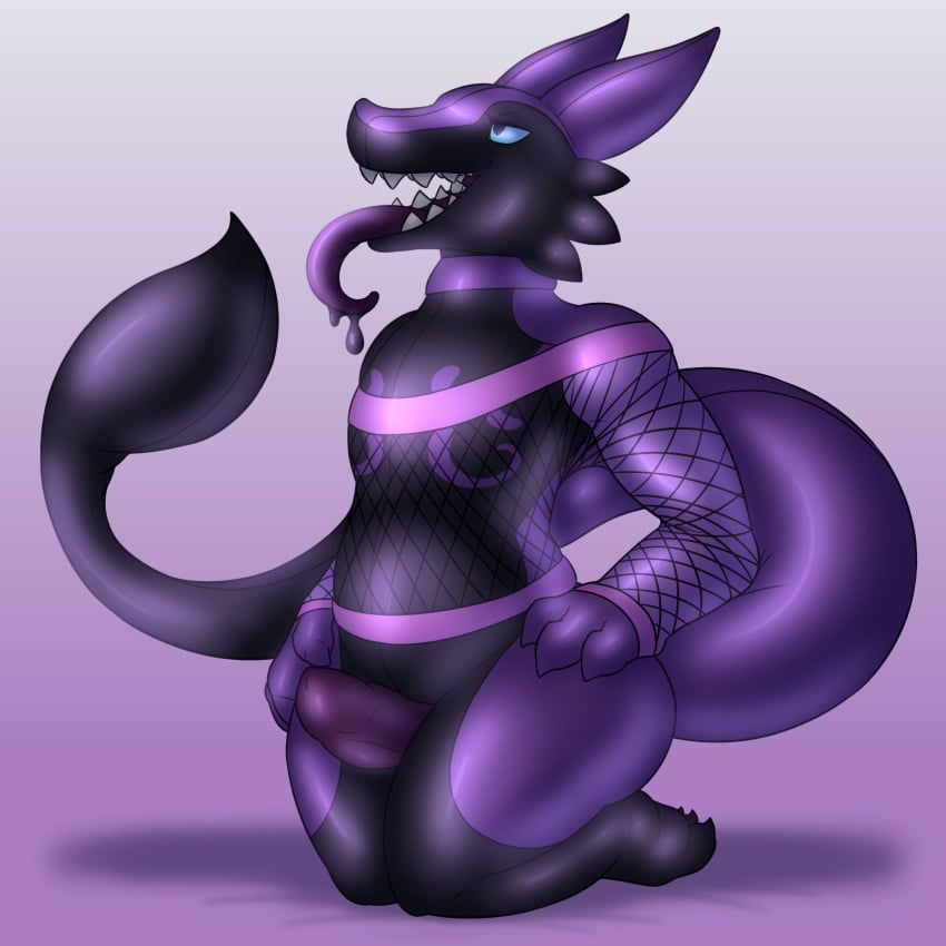 animate_inanimate anthro blue_eyes bottomless clothed clothing collar fishnet kneeling living_inflatable long_tongue looking_up lootz male male_only penis posexe purple_background rubber saliva sergal simple_background solo tongue tongue_out