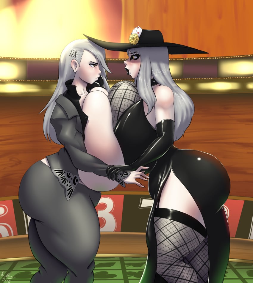 2girls angry atlus dark_persona dual_persona elbow_gloves female_only gigantic_breasts gloves huge_ass huge_breasts hyper hyper_breasts latex latex_gloves marauder6272 megami_tensei naughty_face persona persona_5 sae_niijima seductive selfcest shadow_(persona) shadow_sae smile symmetrical_docking thick_thighs tight_clothing yuri