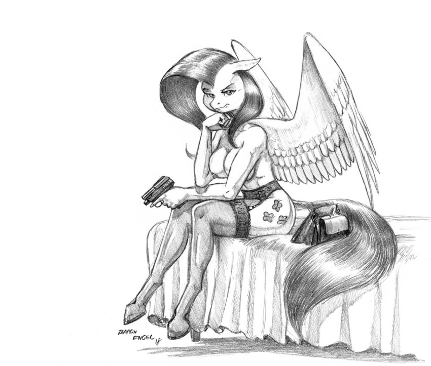 2018 anthro baron_engel bed breasts clothing cutie_mark equine feathered_wings feathers female fluttershy_(mlp) friendship_is_magic garter_belt garter_straps gun horse legwear lingerie looking_at_viewer mammal my_little_pony nipples nude on_bed pegasus pony ranged_weapon simple_background solo straight_hair thigh_highs weapon wings