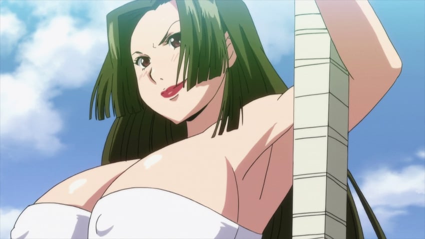 1girls animated bouncing_breasts cleavage curvy erect_nipples female green_hair hoods_entertainment huge_areolae huge_breasts kaneko_hiraku long_hair manyuu_hikenchou mature_female puffy_nipples red_lips screencap thick_lips tight_clothing toyo_(manyuu_hikenchou) voluptuous