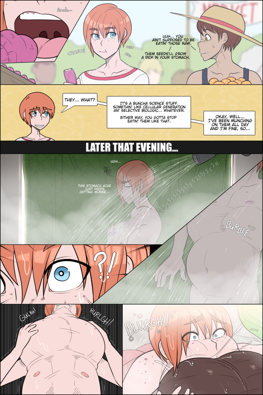 ?! balls closeup comic dialogue eating farmer food frenulum fucked_from_inside hyper_balls navel neck_bulge octoboy oral penis_growth perineal_raphe red_hair saliva shower stomach_bulge undersack vore wide_eyed