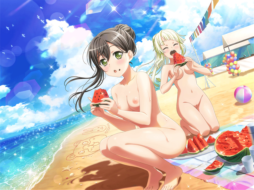 :3 bang_dream! beach food fruit hair_bun hanazono_tae nude_beach photoshop tagme_(artist) tsurumaki_kokoro uncensored watermelon