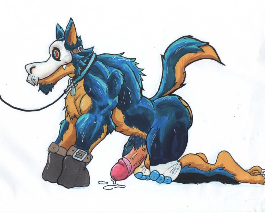 2018 anthro ass azul_(artist) balls biped bondage bound canine collar domination dripping erection fur leaking leash male male_only mammal mittens muscular muscular_male nude penis petplay roleplay sex simple_background solo wolf