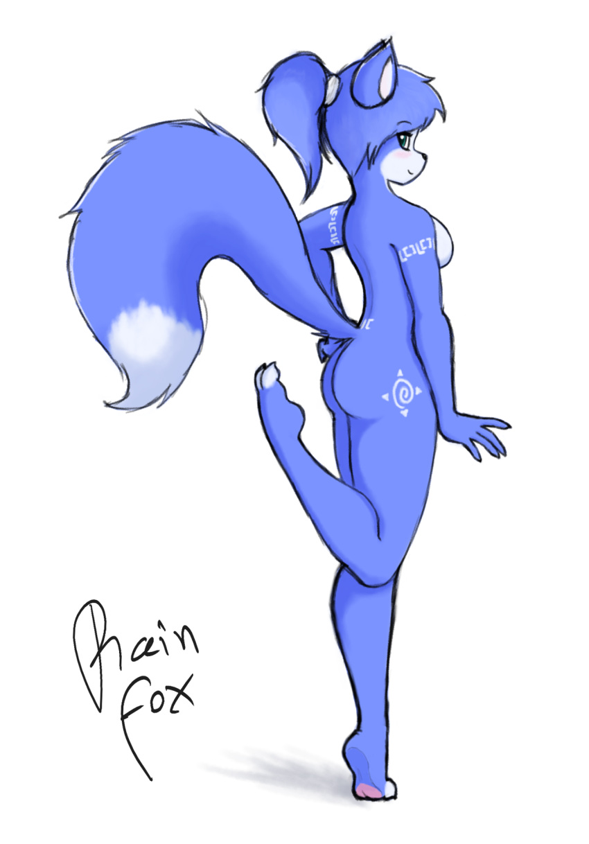 black_nose blue_fur blue_hair breasts butt canine female fox fur green_eyes hair hi_res krystal mammal markings nintendo nude pawpads rain-fox signature solo standing standing_on_one_leg star_fox tribal_markings video_games white_fur