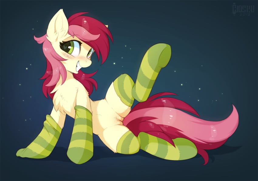 <3_eyes 2018 clothing digital_media_(artwork) earth_pony equine female feral friendship_is_magic green_eyes hair heart hioshiru horse legwear looking_at_viewer mammal multicolored_hair multicolored_tail my_little_pony pony pussy rose_(mlp) roseluck_(mlp) smile solo striped_legwear stripes two_tone_hair