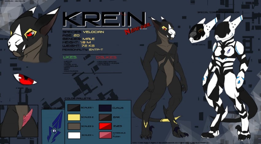 2018 alien angry anthro armor clothing crossed_legs dinosaur emblem fin futuristic hi_res hoodie jacket krein lizard looking_at_viewer male markings model_sheet nude penis rapalien raptor red_eyes reptile scalie tail_fin theropod velocian white_markings