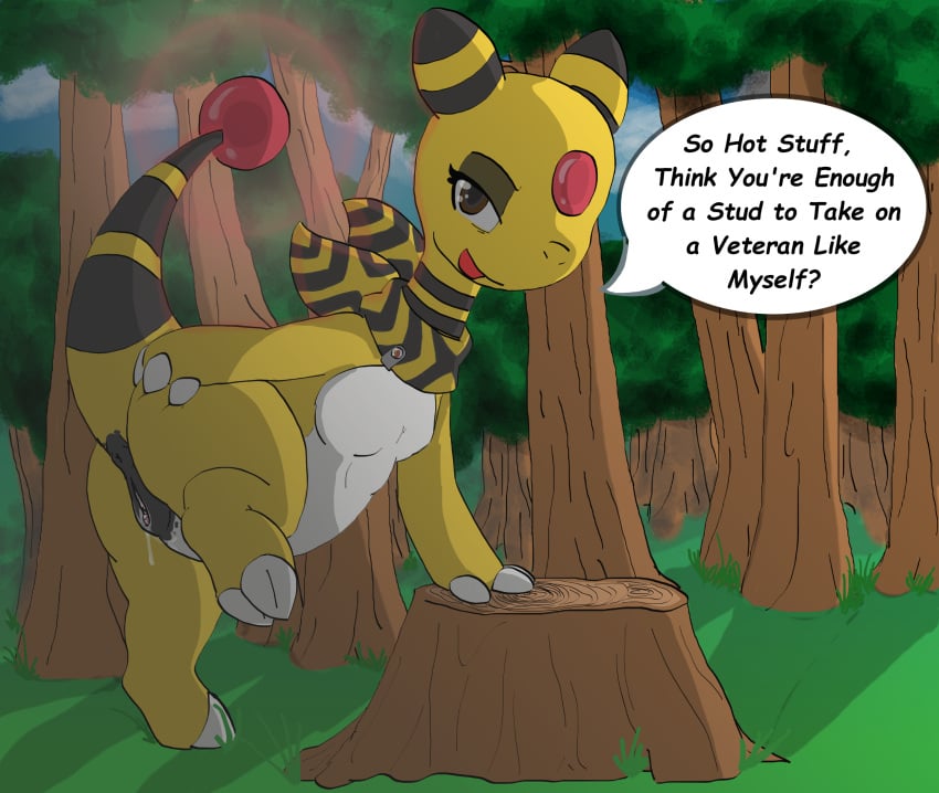 1girls ampharos animal_genitalia anthro anus arcing_light ass big_ass black_stripes breasts brown_eyes claws clitoris clothing cloud feet female female_only flat_chest forehead_gem forest furry gem glowing grass half-closed_eyes looking_at_viewer looking_back mega_stone nintendo open_mouth original_character outdoors outside pokémon_(species) pokemon pokemon_(species) pokemon_gsc pokemon_mystery_dungeon presenting presenting_pussy pussy pussy_juice raised_tail scarf shadow sky solo speech_bubble stripes stump text thick_thighs toe_claws tree urethra video_games wet white_skin wide_hips yellow_skin