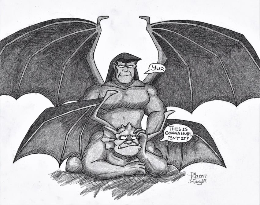 2017 anal broadway_(gargoyles) dialogue disney duo english_text from_behind gargoyle gargoyles gay goliath_(gargoyles) imminent_penetration imminent_sex j-dog69 male male_only monochrome muscular reluctant sex text wings yaoi