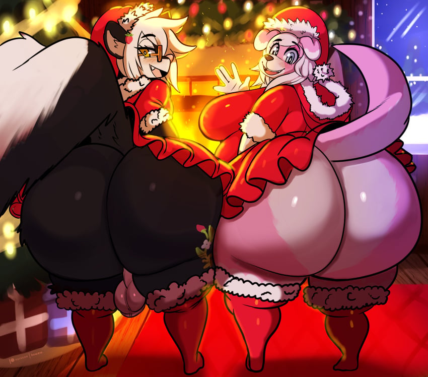 1boy 1boy1girl 1girls anthro ass big_butt biped black_body breasts christmas clothed clothing cupcake_(ronmart12) duo eyelashes female flora_heartbottom fur furry gay genitals hat headgear headwear hi_res holidays huge_butt inuzu looking_back male mammal mephitid pupils raised_tail skunk smile tail thick_thighs