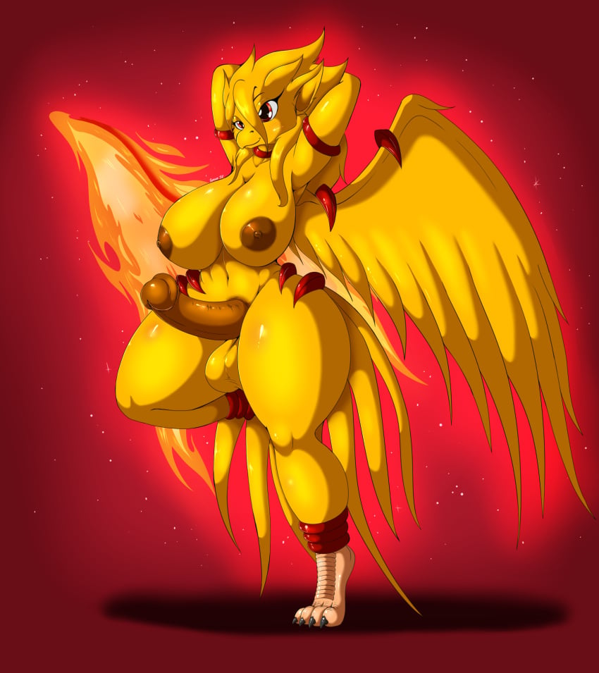 1futa 2018 4_toes anthro areola avian balls bird breasts dickgirl erection fire futanari hands_behind_head hi_res humanoid_penis intersex nipples non-mammal_breasts on_one_leg penis phena phoenix signature simple_background solo standing suirano thick_thighs toes wings