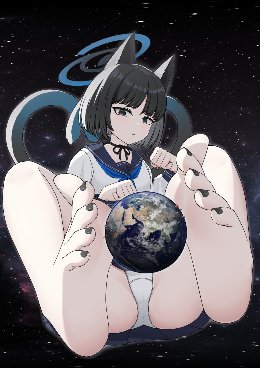 1girls :o allied_hyakkiyako_academy_student artist_request ass astronomical_hyper black_toenail_polish black_toenails blue_archive earth expressionless feet feet_up foot_fetish fully_clothed giantess hyakkaryouran_conflict_resolution_council_(blue_archive) kikyou_(blue_archive) painted_toenails panties paw_pose planet planet_between_feet planetary_macro presenting_feet space tagme_(artist) toenail_polish toes