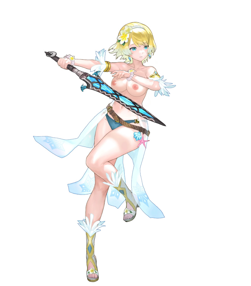 1girls alternate_costume belt bikini bikini_bottom blonde_hair blue_bikini blue_eyes blue_hair blue_swimsuit bracelet breasts collarbone criss-cross_halter earrings edit edited_official_artwork feather_trim female female_only fire_emblem fire_emblem_heroes fjorm_(fire_emblem) fjorm_(summer)_(fire_emblem) flower full_body gradient_clothes gradient_hair hair_flower hair_ornament hairband halterneck highres holding holding_sword holding_weapon horror_flight7830 jewelry leg_up looking_at_viewer maeshima_shigeki medium_breasts multicolored_hair navel nintendo nipples nude_filter official_alternate_costume open_mouth parted_lips sandals seashell shell short_hair simple_background smile solo starfish stomach swimsuit sword thighs toeless_footwear toes topless weapon white_background