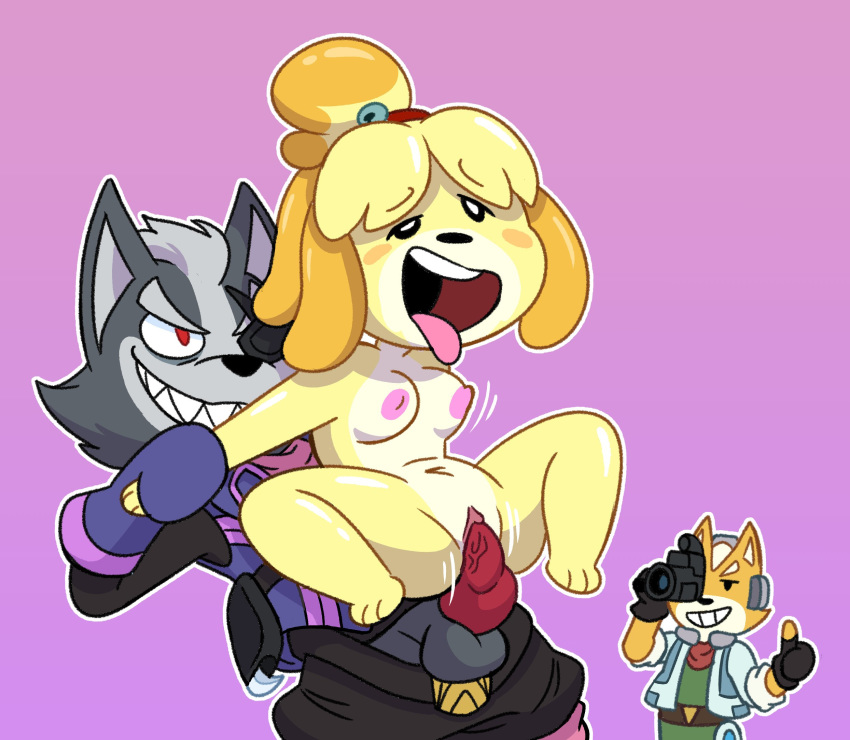 1girls 2020 2boys ahe_gao animal_crossing animal_genitalia anthro arm_grab breasts camera clothed clothing crossover davidbaronart enjoying evil_smile eyepatch female female_penetrated filming fox_mccloud from_behind furry goopbloop goopygear highres isabelle_(animal_crossing) looking_pleasured male male_penetrating nintendo nipples open_mouth pants pants_down penis pussy red_eyes sex smile spectator star_fox straight super_smash_bros. teeth thumbs_up tongue tongue_out vagina vaginal_penetration vannamelon_(copyright) wolf_o'donnell