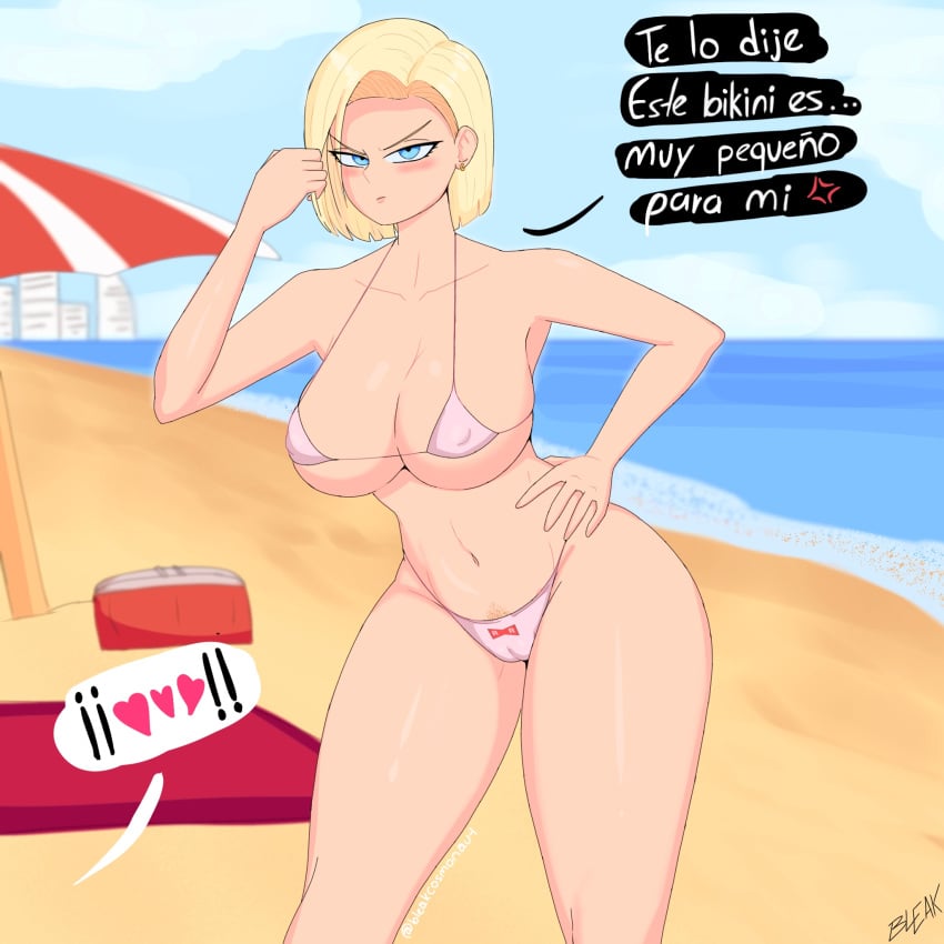 android_18 beach big_breasts bikini dragon_ball_z milf spanish_dialogue spanish_text thecosmonaut thick_thighs