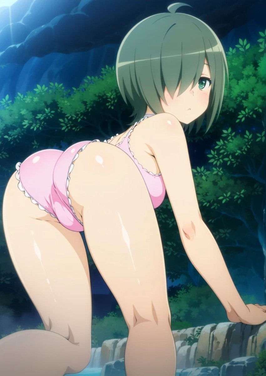 1girls bangs_over_one_eye black_hair blush dungeon_ni_deai_wo_motomeru_no_wa_machigatteiru_darou_ka hitachi_chigusa looking_back presenting_ass short_hair swimsuit