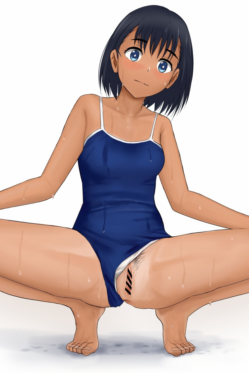 absurdres bar_censor black_hair black_pubic_hair blue_eyes blue_one-piece_swimsuit blush breasts censored closed_mouth clothes_pull clothing_aside competition_school_swimsuit dark-skinned_female dark_skin female female_pubic_hair highres kofune_mio looking_at_viewer one-piece_swimsuit one-piece_swimsuit_pull pubic_hair pussy school_swimsuit short_hair simple_background small_breasts solo spread_legs squatting summertime_render swimsuit swimsuit_aside tan tanlines wet white_background yenn8