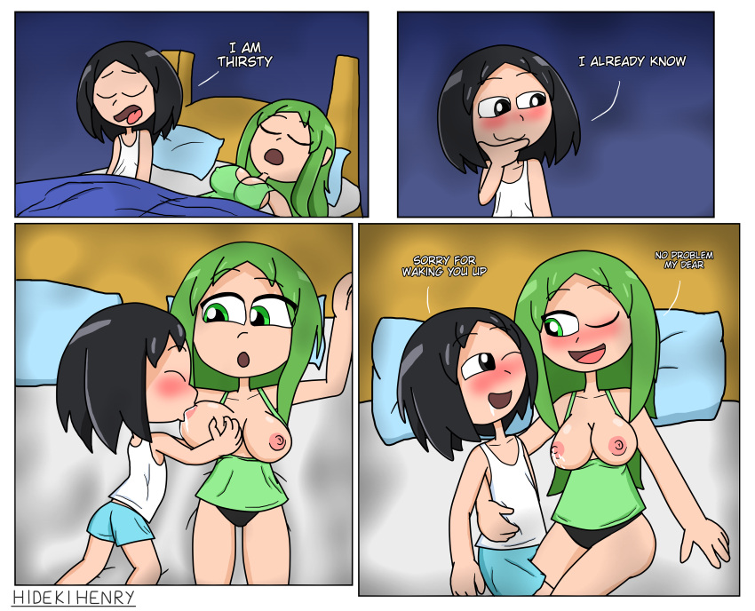 black_eyes black_hair breastfeeding breasts breasts comic green_eyes green_hair hideki(hideki_henry) hidekihenry jennifer(hideki_henry) lactating lactation original_character pajamas sucking