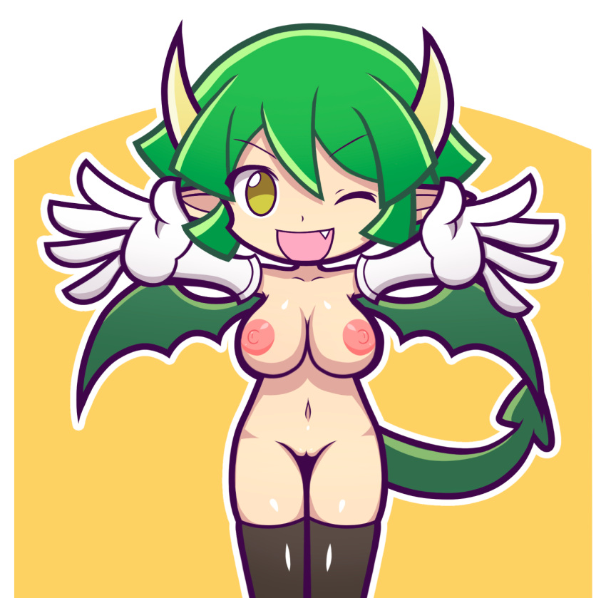 1girls 2022 accurate_art_style artstyle_imitation big_breasts breasts cute_fang draco_centauros fangs female furii_(artist) gloves green_hair horn horns legs light-skinned_female light_skin long_gloves navel nipples nude nude_female pussy puyo_puyo puyo_puyo_artstyle short_hair solo solo_female style_parody tail thighhighs white_background wings wink yellow_background yellow_eyes