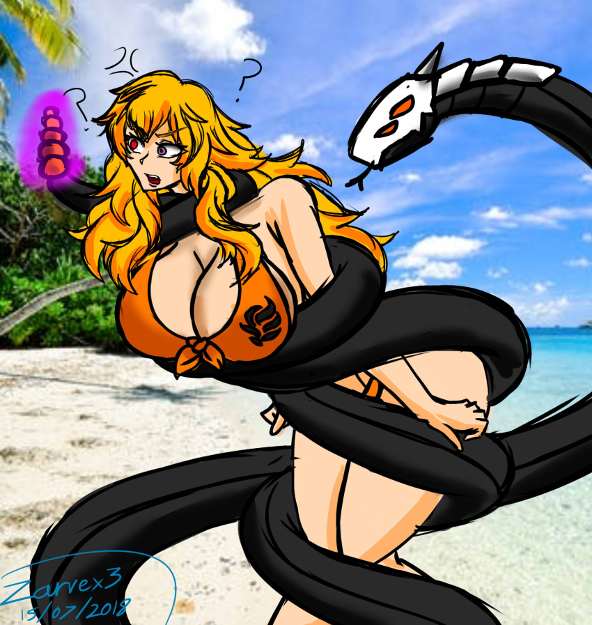 ? beach big_breasts bikini blonde_hair coiling constriction grimm_(rwby) huge_breasts hypnosis mind_control ocean outdoors outside restrained rwby snake wrapped yang_xiao_long zarvex3