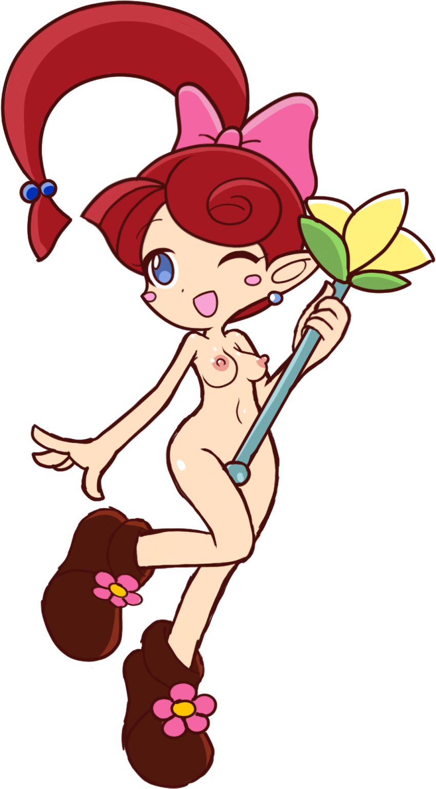 1girls 2023 accurate_art_style blue_eyes blush bow breasts completely_nude completely_nude_female female female_only flower furii_(artist) lip_(panel_de_pon) long_hair navel nipples nude nude_female panel_de_pon ponytail puyo_puyo_artstyle red_hair ribbon shoes shoes_only solo solo_female style_parody white_background wink