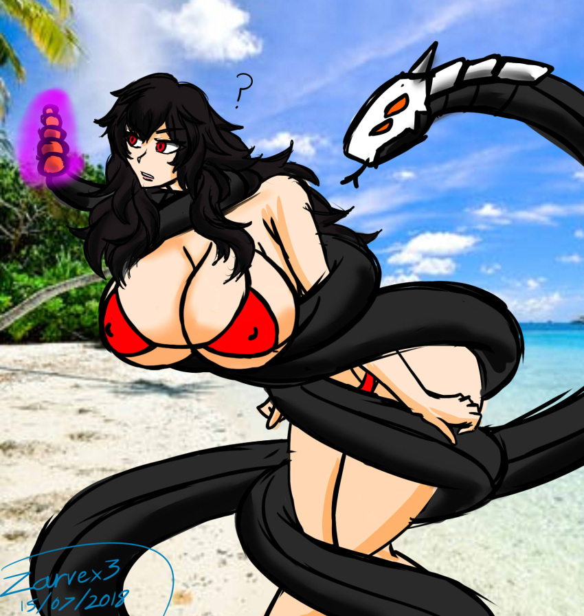 ? beach big_breasts bikini black_hair coiling constriction grimm_(rwby) huge_breasts ocean outdoors outside raven_branwen restrained rwby snake wrapped zarvex3