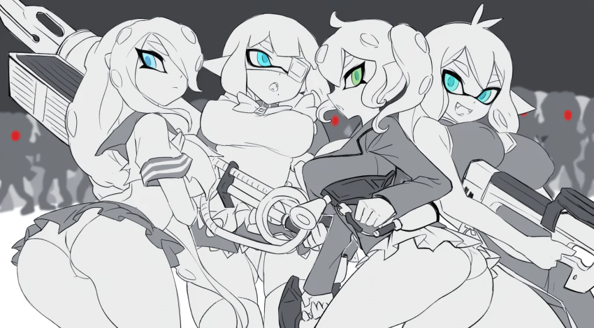 4girls ass blue_eyes breasts cameltoe charger_(splatoon) clothed dapple_dualies dualies dualies_(splatoon) erect_nipples erection_under_clothes eyepatch fangs flingza_roller goo_tuber green_eyes gun hero_shot hero_shot_(splatoon) hero_shot_replica holding_weapon inkling inkling_girl jtveemo long_hair looking_at_viewer medium_breasts microskirt nintendo octoling octoling_girl panties perky_breasts ponytail roller_(splatoon) selective_color shooter shooter_(splatoon) short_hair skirt smile splatoon splatoon_(series) tentacle_hair thigh_highs thighs tight_clothing underboob upskirt