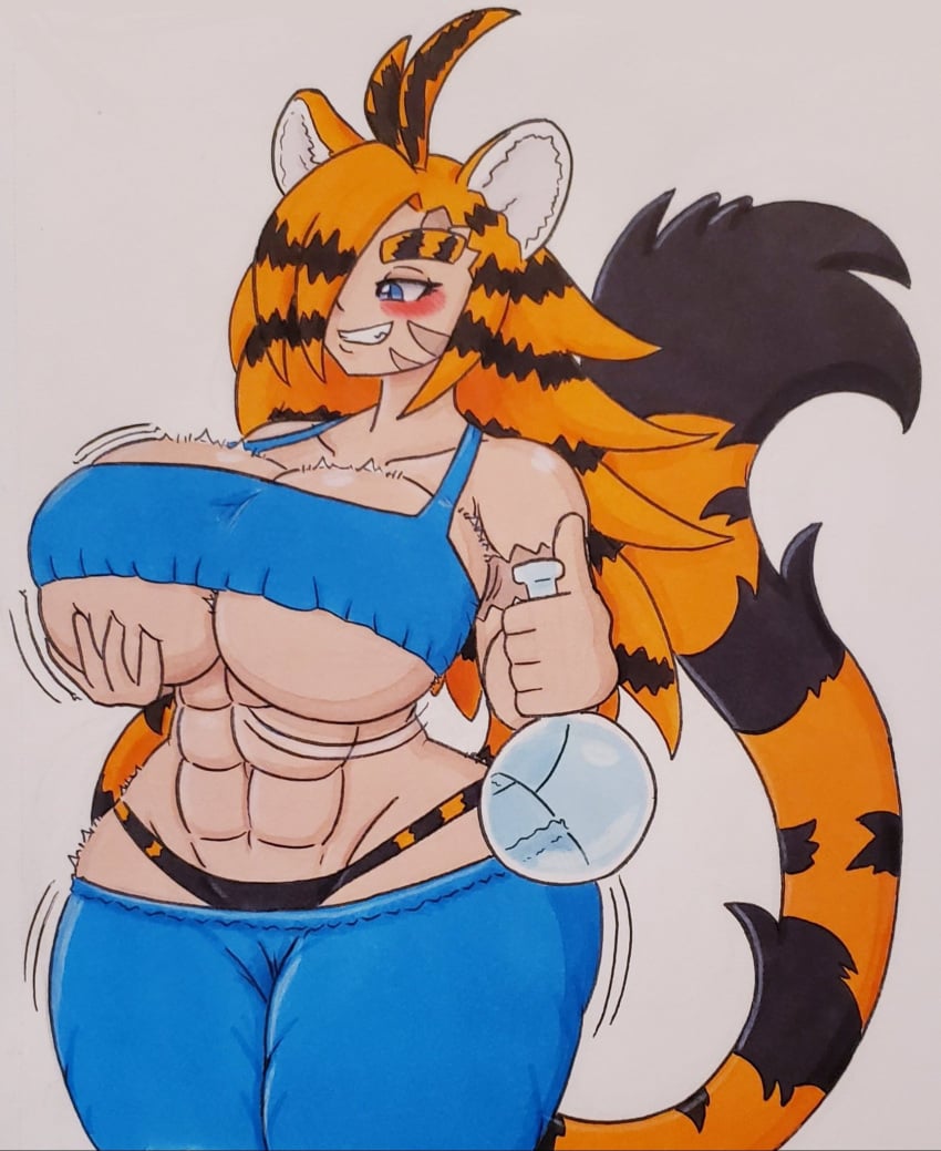 abs ass ass_expansion blue_eyes blush bottle breast_expansion breasts clothing growth holding_object hourglass_figure huge_ass huge_breasts jumneyarts light-skinned_female light_skin motion_lines orange_hair scar striped_fur striped_hair striped_panties striped_tail thick_eyebrows thick_thighs tiger_stripes toned toned_female