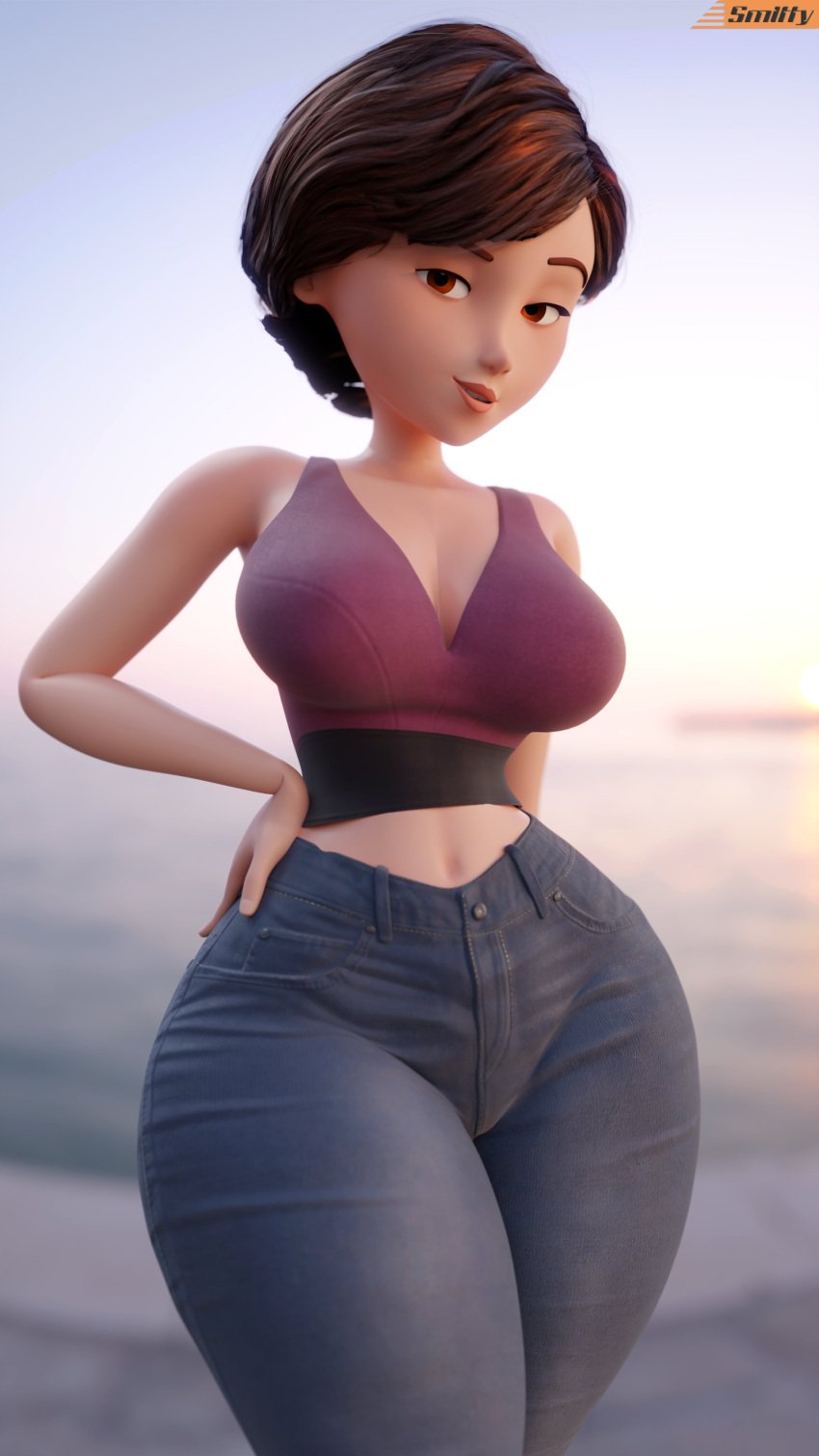 1girls 3d 3d_(artwork) belly_button big_breasts big_hips big_thighs blurry_background brown_hair busty cleavage deep_cleavage denim female_only front_view hand_on_hip hartman_hips helen_parr human human_only looking_at_viewer mature_female midriff milf mom_jeans pants pixar_mom short_hair sleeveless_shirt smile smitty34 solo solo_female standing the_incredibles three-quarter_portrait wide_hips