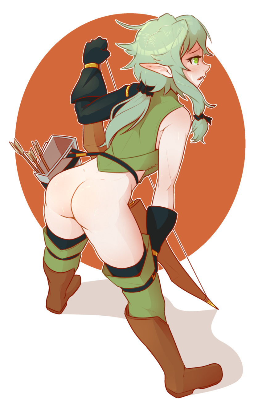 1girls ass back back_view bent_over bottomless clothing dabble elf female female_only goblin_slayer green_eyes green_hair high_elf_archer_(goblin_slayer) no_panties orange_background solo standing white_background wide_hips