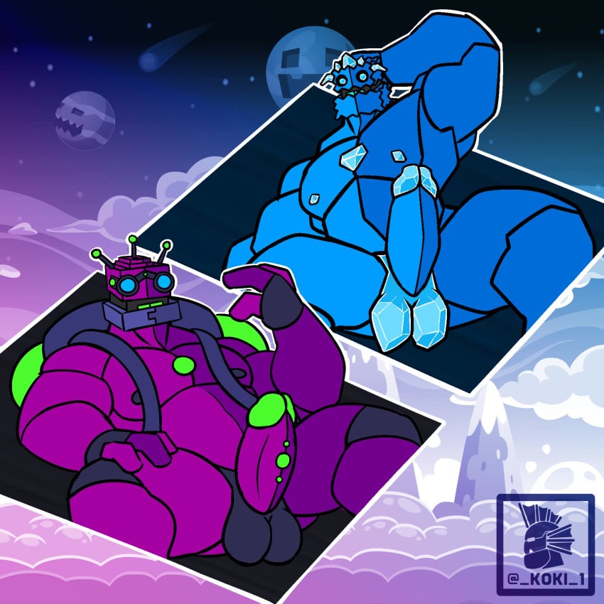 balls blue_body blue_eyes blue_skin diamond_shopkeeper_(geometry_dash) genitals geometry_dash gradient_background hi_res humanoid koki_1 machine male nipples only_male penis purple_body purple_nipples purple_penis purple_skin robot robot_humanoid robtop robtopgames simple_background sky the_mechanic_(geometry_dash) watermark