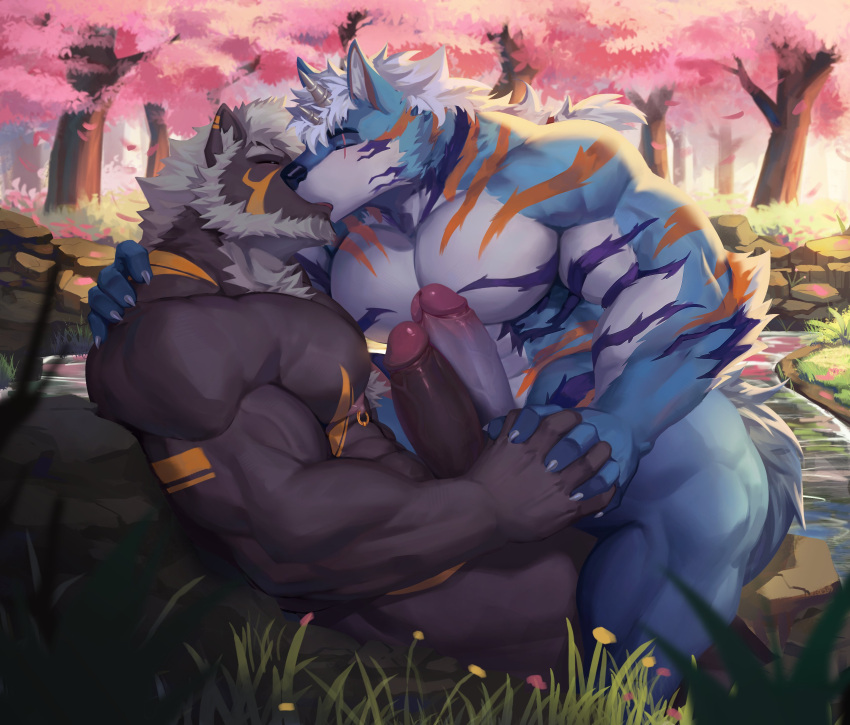 2boys abs absurd_res anthro biceps black_nose blue_body blue_fur brown_body brown_fur brown_penis bulge cherry_blossom cherry_blossom_tree cherry_tree claws closed_eyes duo erection eye_scar facial_scar fingers forest fruit_tree fur furry gay genitals glans gold_markings hair hand_holding hi_res horn jewelry kissing kult2k looking_at_another male markings muscular muscular_anthro muscular_male muscular_thighs navel nipple_piercing nipples on_ground open_mouth orange_markings outside pecs penis piercing pink_glans pink_nipples pink_nose plant purple_markings ring_piercing scar tail teeth touching_noses tree triceps tuft white_body white_claws white_fur white_hair white_horn white_penis