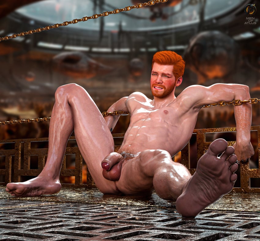 1boy barefoot beard cal_kestis feet flaccid foot_focus gay male_focus male_only men_of_atlus nude orange_hair penis sitting solo star_wars toes