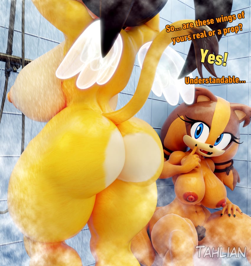 2girls 3d 3d_(artwork) anthro ass big_ass big_breasts breasts bubble_butt busty dialogue female female_only honey_the_cat huge_ass huge_breasts large_ass large_breasts nipples nude nude_female pubic_hair shower sonic_(series) sonic_the_hedgehog_(series) sticks_the_badger tahlian text thick_thighs wide_hips wings