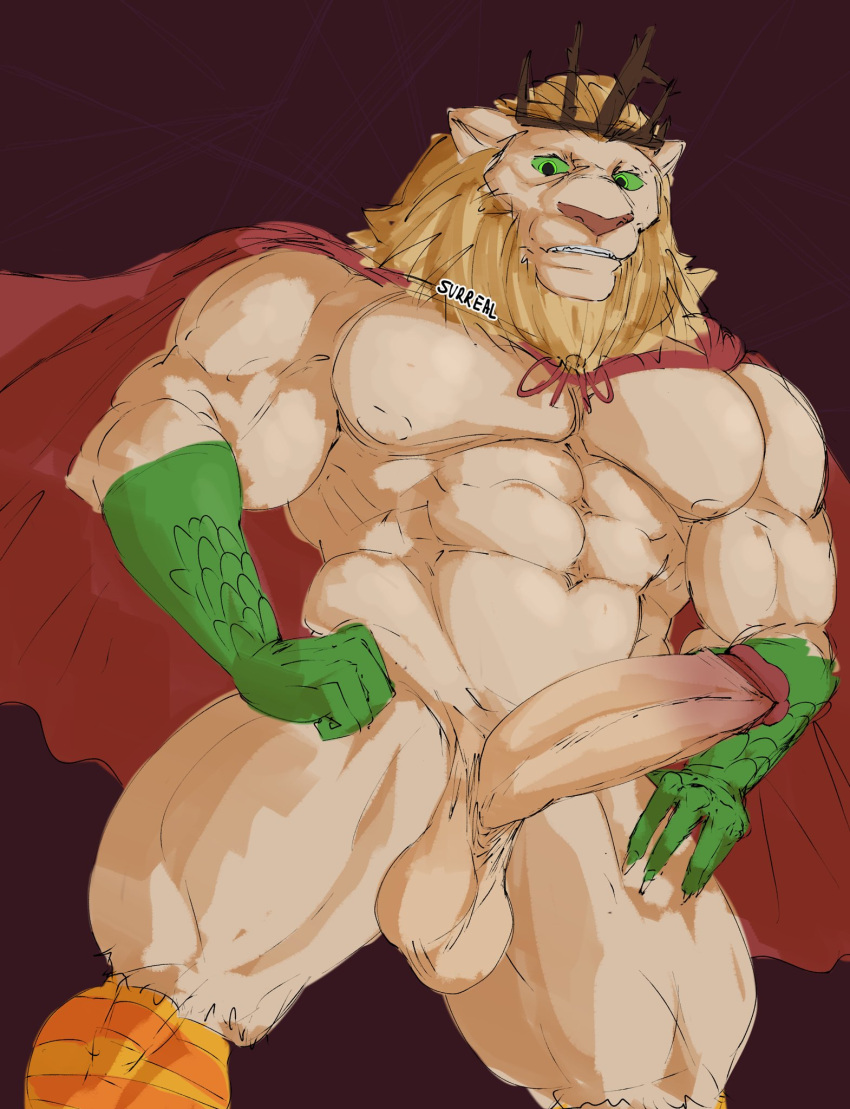 adventure_time anthro balls bara barazoku big_balls big_penis boner cape crown erection furry lion male male_only muscles muscular onionsouls penis solo solo_male vampire_king