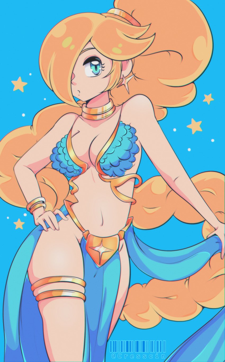 1girls blonde_hair blue_eyes bracelet breasts choker cresscin dancer earrings hair_over_one_eye hand_on_own_hip harem harem_outfit large_breasts looking_at_viewer mario_(series) midriff navel nintendo pelvic_curtain ponytail princess_rosalina star_earrings thighlet