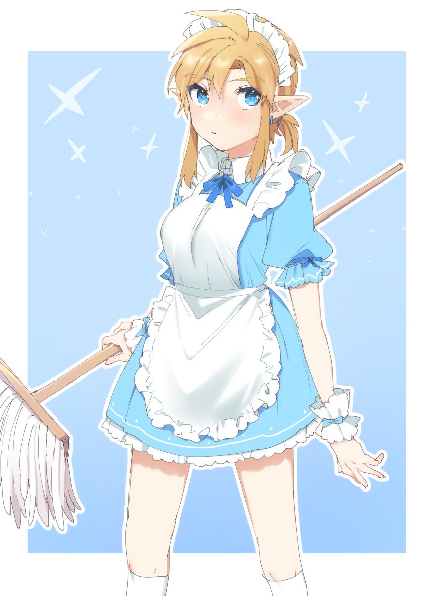 1girls apron blonde_hair blue_eyes breasts breath_of_the_wild broom earrings femboy genderswap_(mtf) holding_broom kneehighs large_breasts link link_(breath_of_the_wild) looking_at_viewer maid maid_apron maid_headdress maid_uniform nintendo ponytail rule_63 the_legend_of_zelda ttanuu.