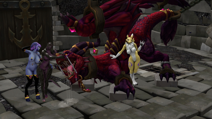 alexstrasza anthro argonian bbdworks blizzard_entertainment bondage digimon draenei dragon dragon_alexstrasza drooling female female_only feral forced gag heroes_of_the_storm nipples open_mouth open_mouth_gag pink_hair renamon saliva the_elder_scrolls warcraft world_of_warcraft