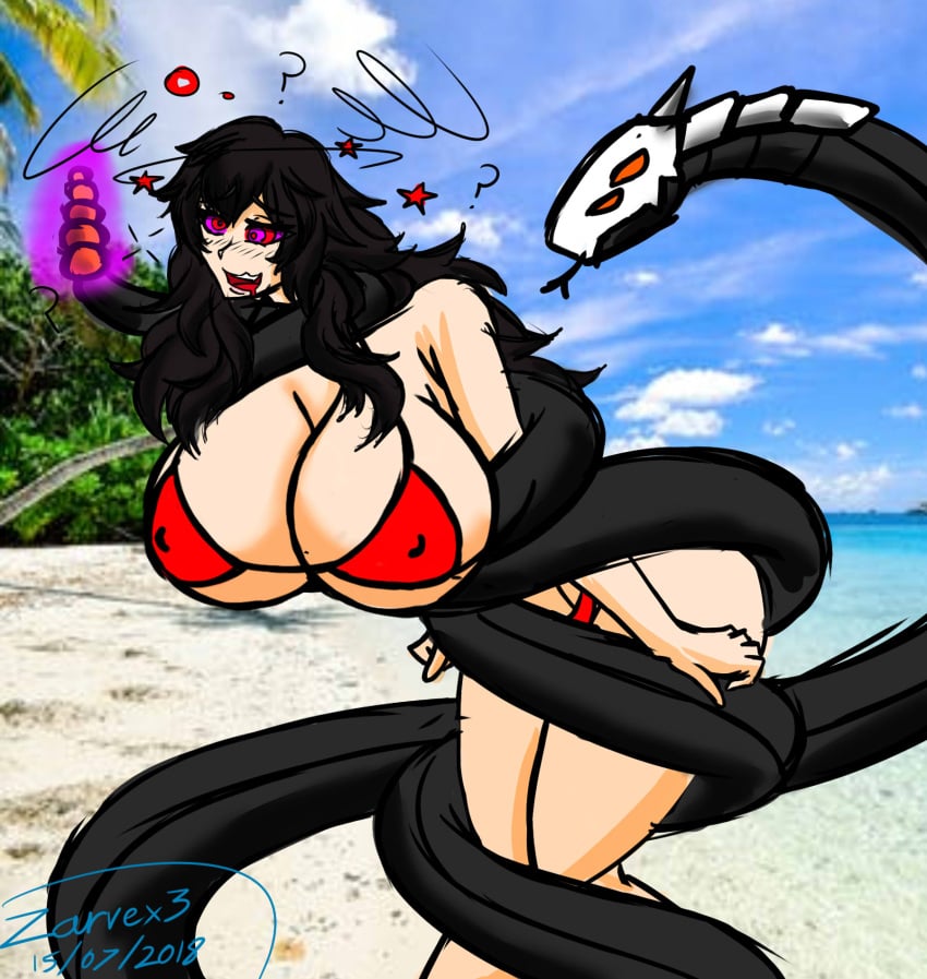 ? beach big_breasts bikini black_hair coiling constriction drooling grimm_(rwby) huge_breasts hypnosis mind_control ocean outdoors outside raven_branwen restrained rwby snake spiral_eyes wrapped zarvex3