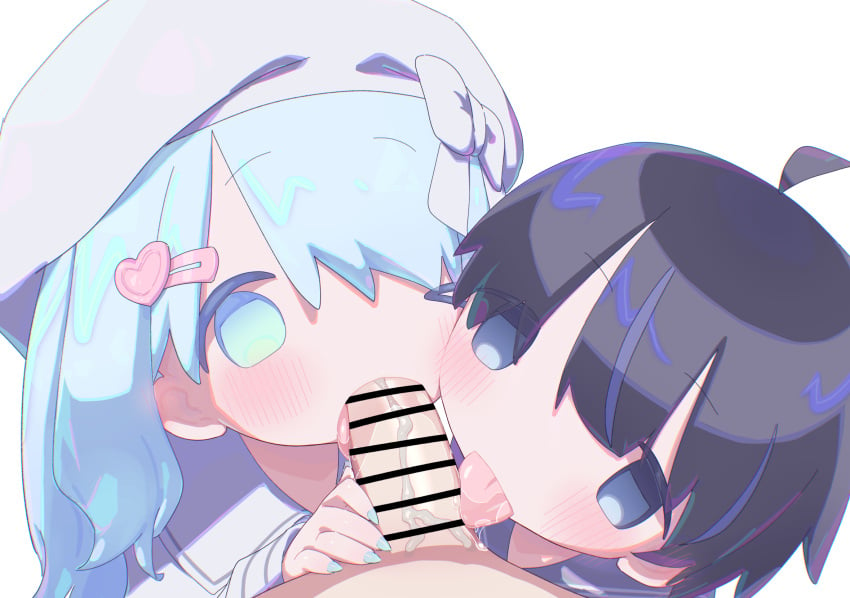 >_o 1boy 2girls ahoge bar_censor black_eyes black_hair blue_hair blue_sailor_collar blush bow censored chibi chibi_style collaborative_fellatio cum cum_on_penis fellatio hair_ornament hairclip hat heart highres licking licking_penis long_hair multiple_girls one_eye_closed oral original penis pov sailor_collar saliva short_hair simple_background straight tongue toumei_tou white_background white_bow white_sailor_collar