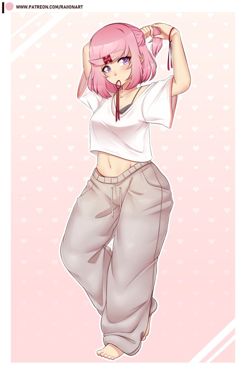 1girls belly_button doki_doki_literature_club feet female female_only human natsuki_(doki_doki_literature_club) pajamas petite petite_body petite_female pink_hair purple_eyes raionart short_hair small_waist solo tailwag teenager wide_hips