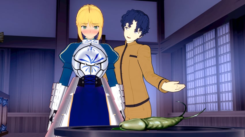 1boy 1girls 3d armor artoria_pendragon artoria_pendragon_(fate) ashamed blonde_hair blue_hair crest_worms cuckold fate/stay_night fate_(series) green_eyes imminent_cheating imminent_ntr koikatsu lordem matou_shinji netorare saber