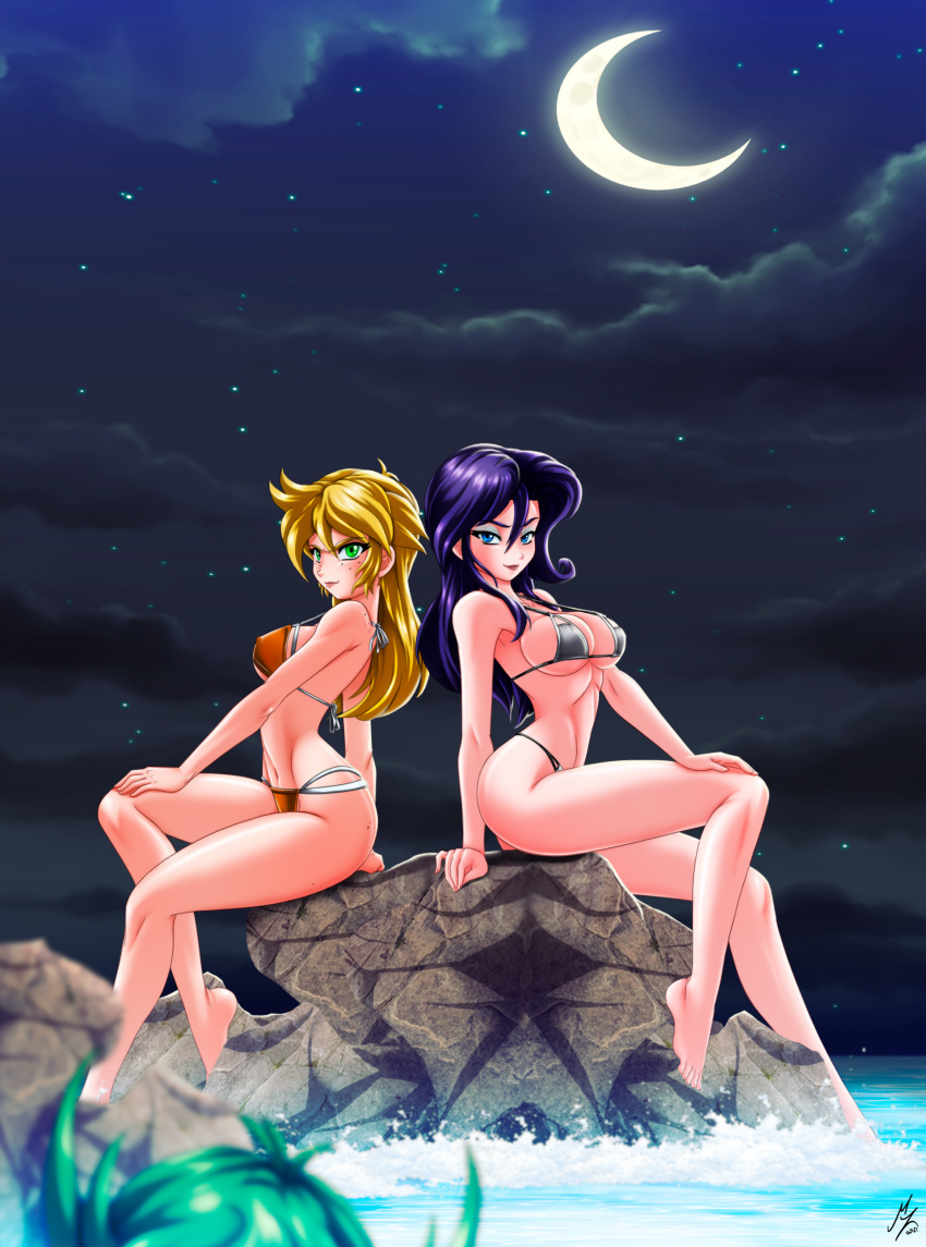 2girls applejack_(mlp) bikini blonde_hair blue_eyes freckles friendship_is_magic green_eyes humanized long_hair mauroz my_little_pony purple_hair rarity_(mlp) seductive sitting sitting_on_rock smooth_skin voluptuous