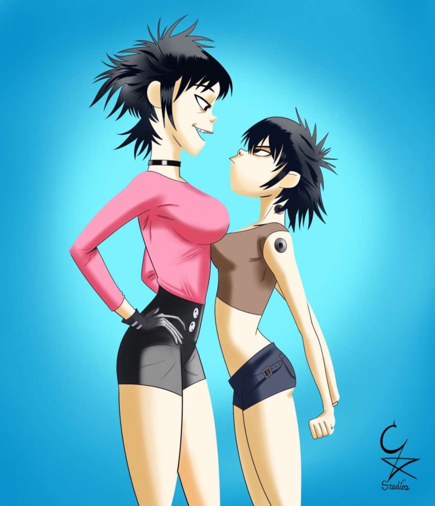 2girls asian asian_female asymmetrical_docking big_breasts black_eyes black_hair blue_background bottomwear breast_press breasts busty choker clothed clothed_female clothes clothing cockstar_studios crop_top cyborg cyborg_noodle duo eye_contact female female/female female_only fully_clothed gloves gorillaz hair hands_on_hips handwear height_difference human human_on_humanoid humanoid large_breasts legs_together lesbian light-skinned_female light_skin medium_breasts midriff minishorts multiple_girls noodle_(gorillaz) noodle_(jaguar) open_mouth pale_skin shirt short_hair short_shorts shorts side_view signature simple_background smile smiling standing teeth thighs topwear yuri