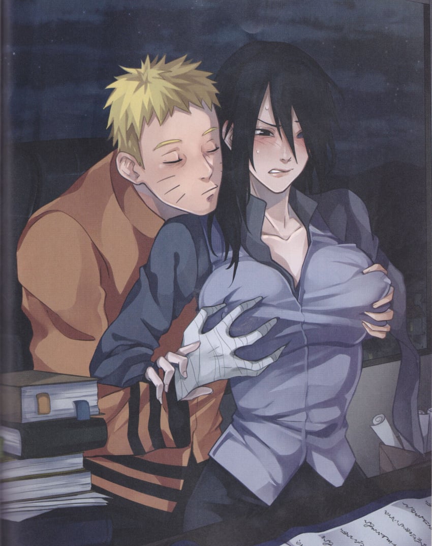 1boy 1girls amputee arm_grab big_breasts black_hair blush boruto:_naruto_next_generations breast_grab breast_squeeze cleavage closed_eyes clothing curvy_figure embarrassed female genderswap_(mtf) groping groping_from_behind heterochromia lipstick makeup male missing_arm naruto naruto_(series) nipples puffy_nipples rinnegan rule_63 sasuke_uchiha sasuko sexy_no_jutsu sitting sitting_on_lap sitting_on_person sweat sweatdrop uzumaki_naruto yellow_hair