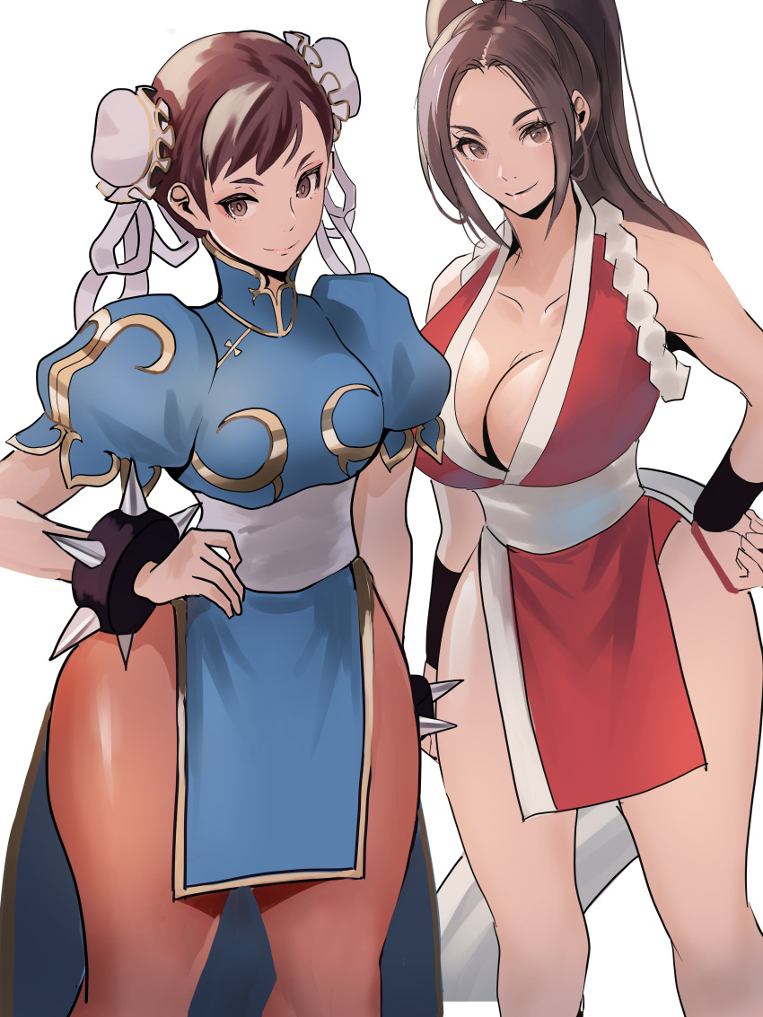 2girls absurdres arm_guards bare_shoulders bracelet breasts brown_eyes brown_hair bun_cover capcom capcom_vs_snk china_dress chinese_clothes chun-li cleavage crossover death_battle double_bun dress fatal_fury female female_only fully_clothed hair_bun high_ponytail highres human japanese_clothes jewelry king_of_fighters large_breasts long_hair looking_at_viewer mai_shiranui meke multiple_girls ninja pantyhose pelvic_curtain ponytail revealing_clothes rope sash sideboob simple_background smile snk spiked_bracelet spikes standing street_fighter street_fighter_ii thick_thighs thighs