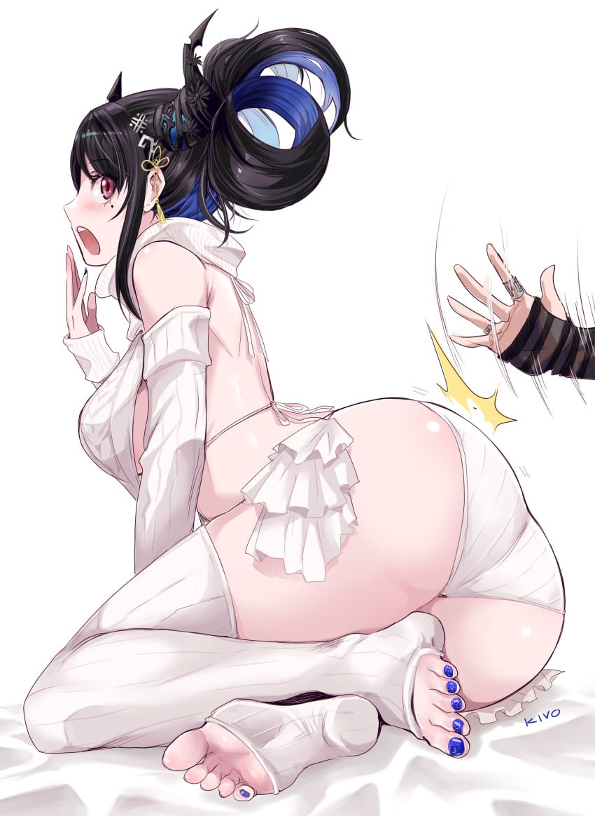 1girls artist_name ass black_hair blue_hair blue_nail_polish blue_nails blush breasts feet female foot_focus hair_ornament hair_up hololive hololive_english hololive_english_-advent- horns huge_ass jewelry kivonotbabu meme_attire mole mole_under_eye motion_lines multicolored_hair nail_polish nerissa_ravencroft open_mouth out_of_frame panties red_eyes ring shiori_novella sideboob sitting spanked toeless_legwear toenail_polish toenails toes virgin_destroyer_sweater virtual_youtuber